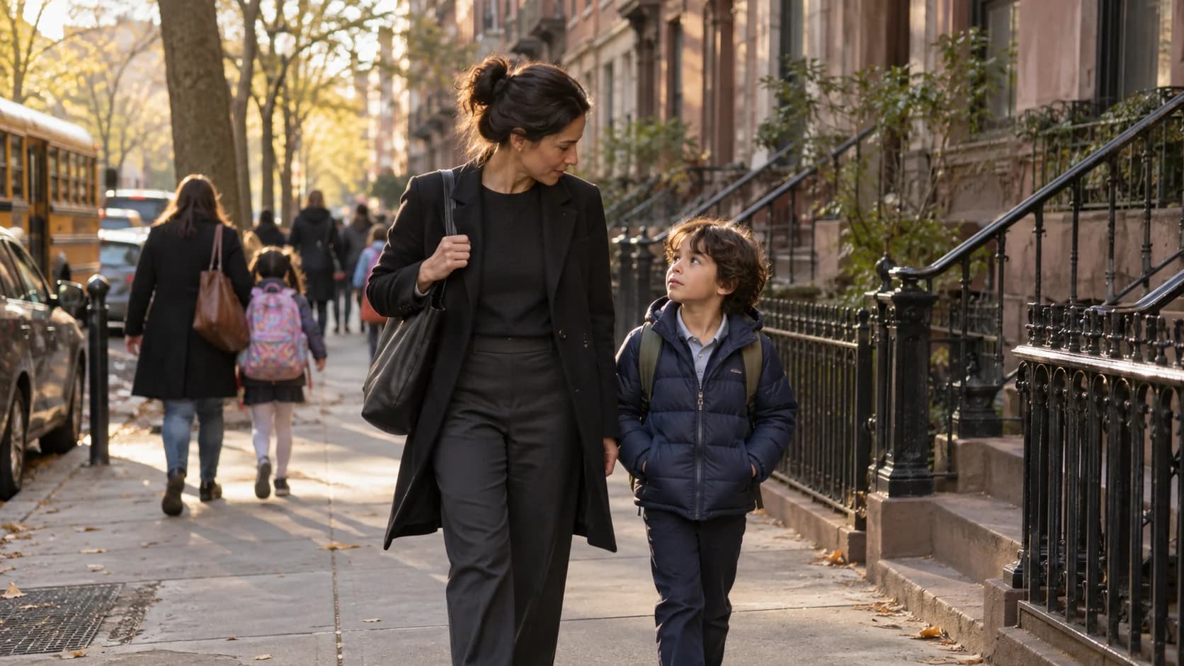 A parent walking home with a child after school on a New York City sidewalk