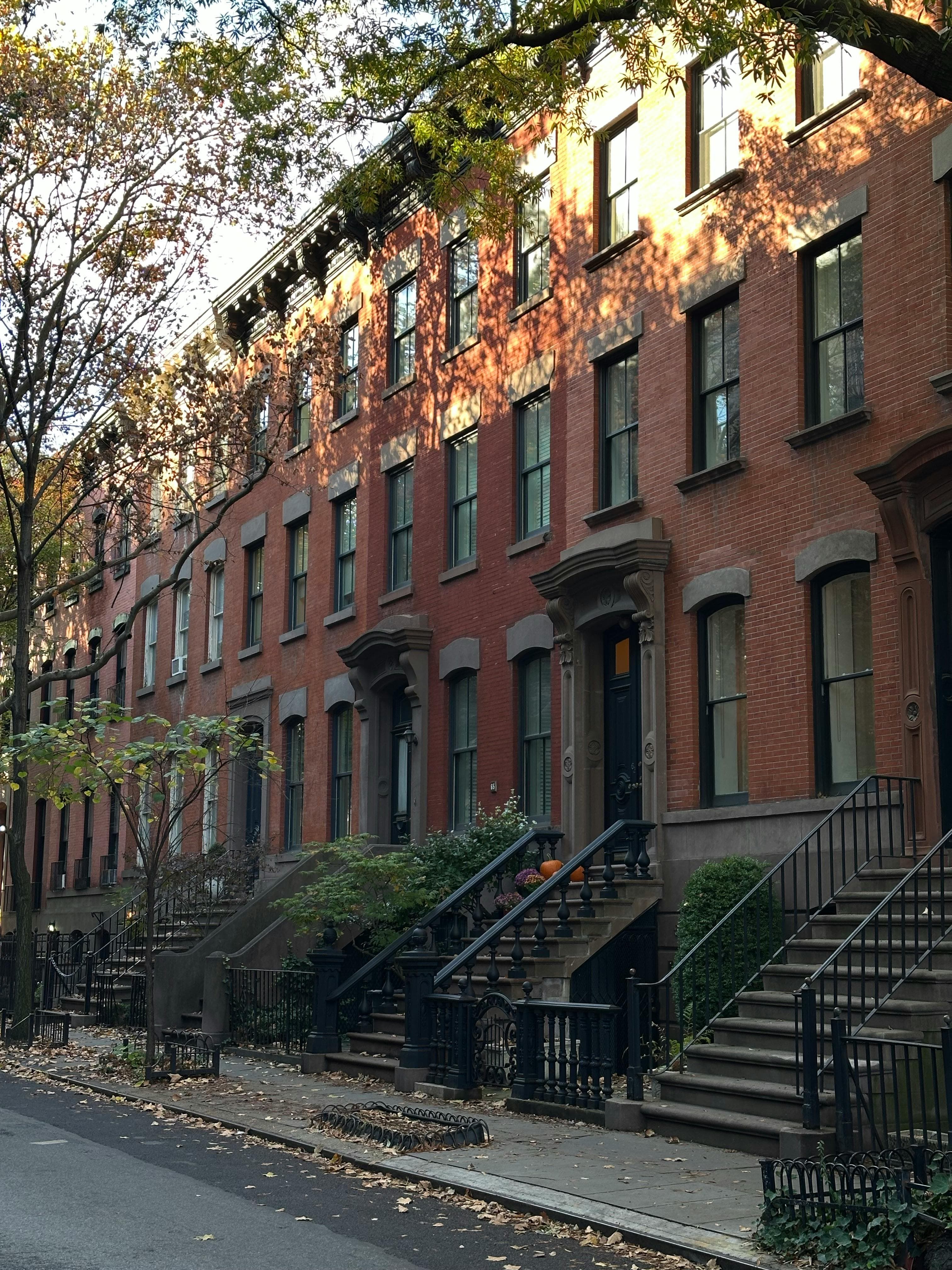 A row of brick brownstones on a quiet New York block, their stoops and front doors lined up in repeating rhythm under soft autumn afternoon light