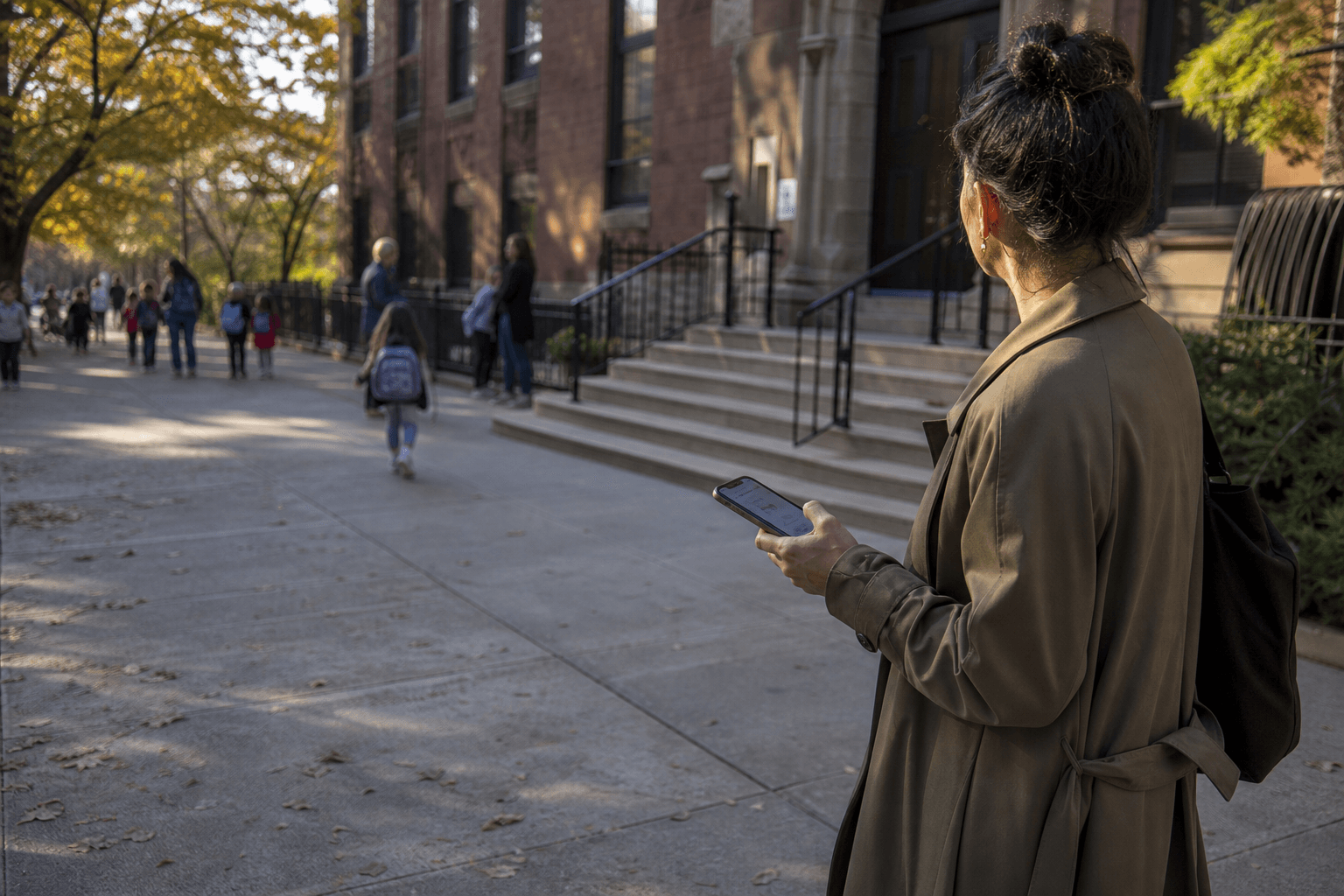 A parent checking a phone outside a New York City school while families walk along the sidewalk