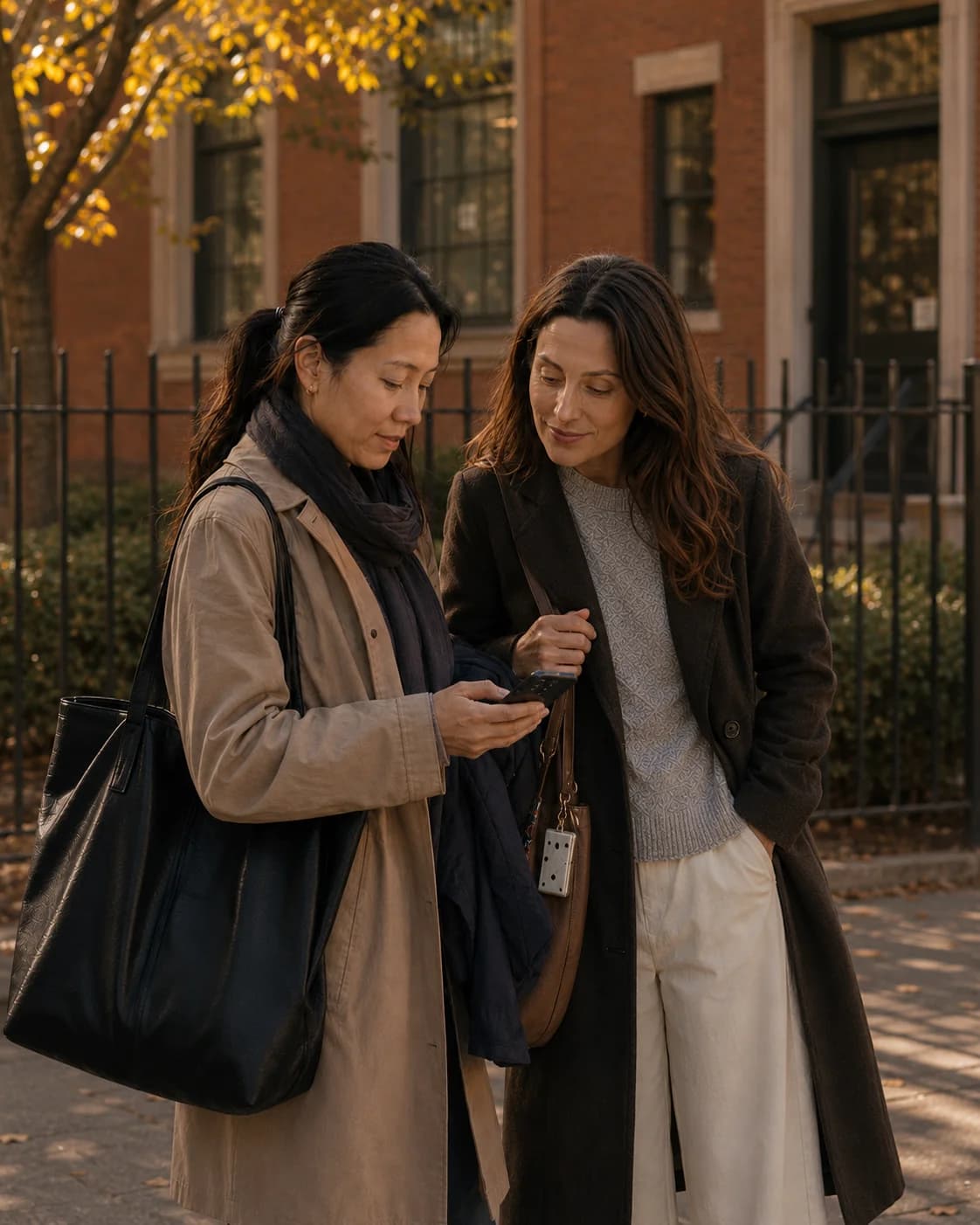 Two parents pausing on the sidewalk to look at a phone together