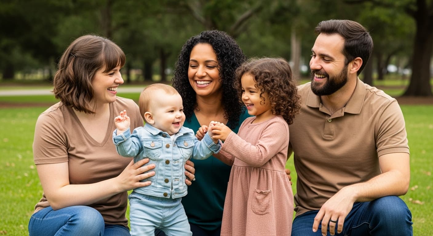 Smiling parents with children