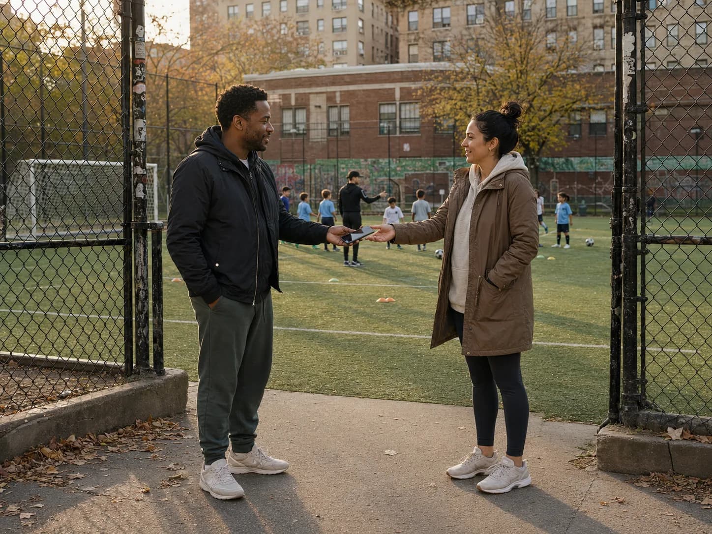 Two parents exchanging phone numbers at a soccer field