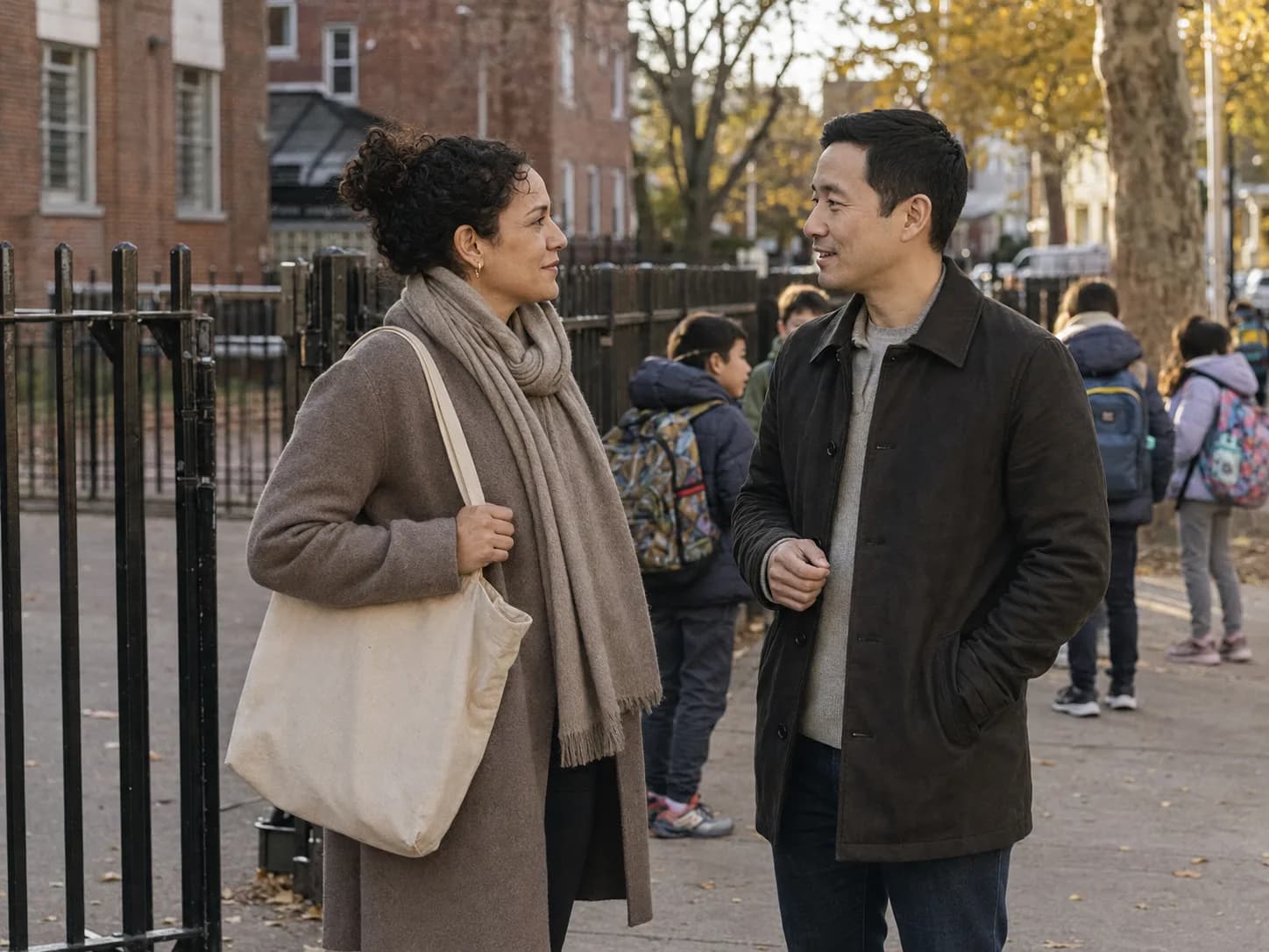 Two parents pausing to talk at a school gate