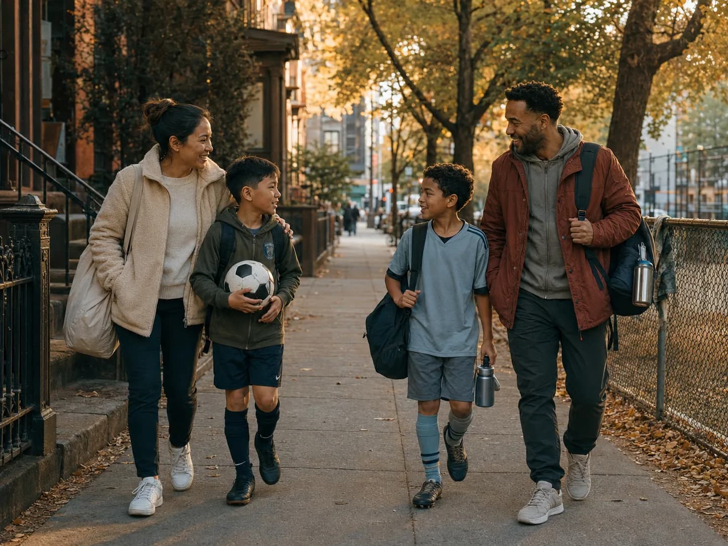 Two families walking home together after soccer practice