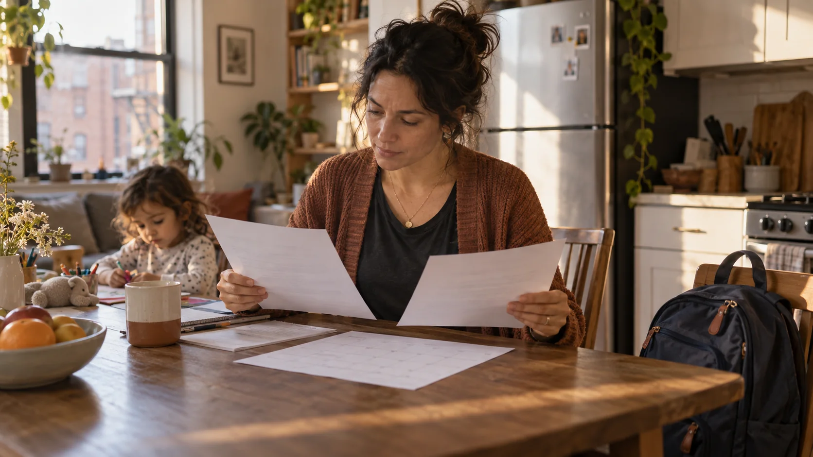 A parent comparing after-school program information at the kitchen table while a child draws nearby