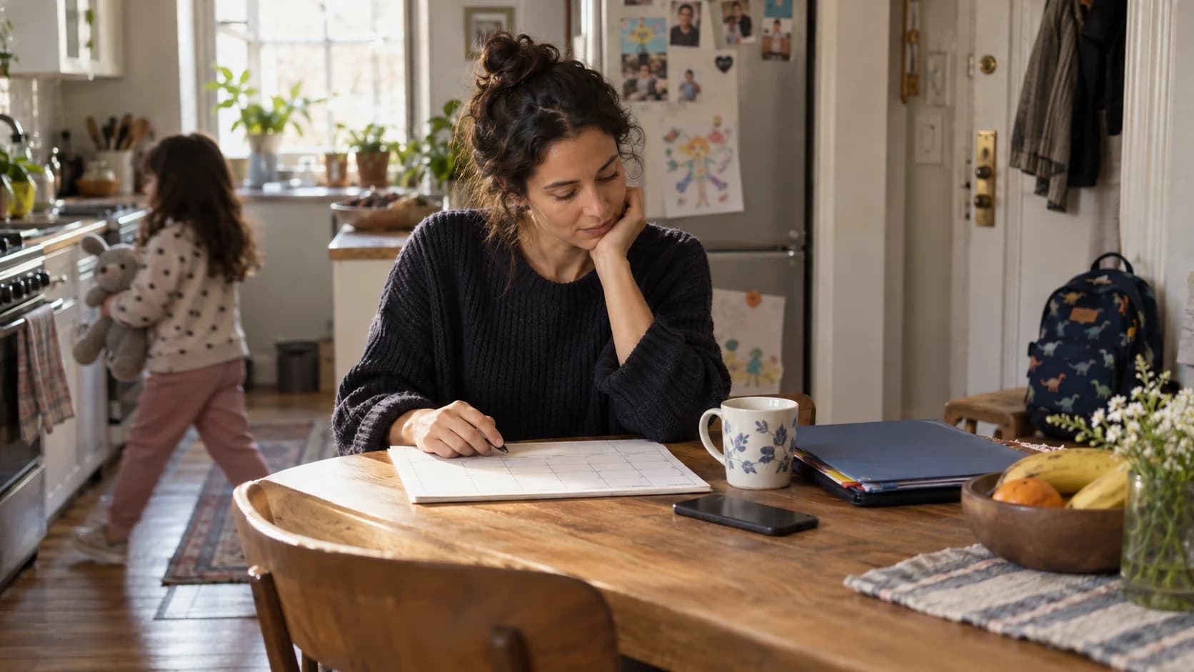 A parent reviewing a paper calendar at a kitchen table while a child moves through the room