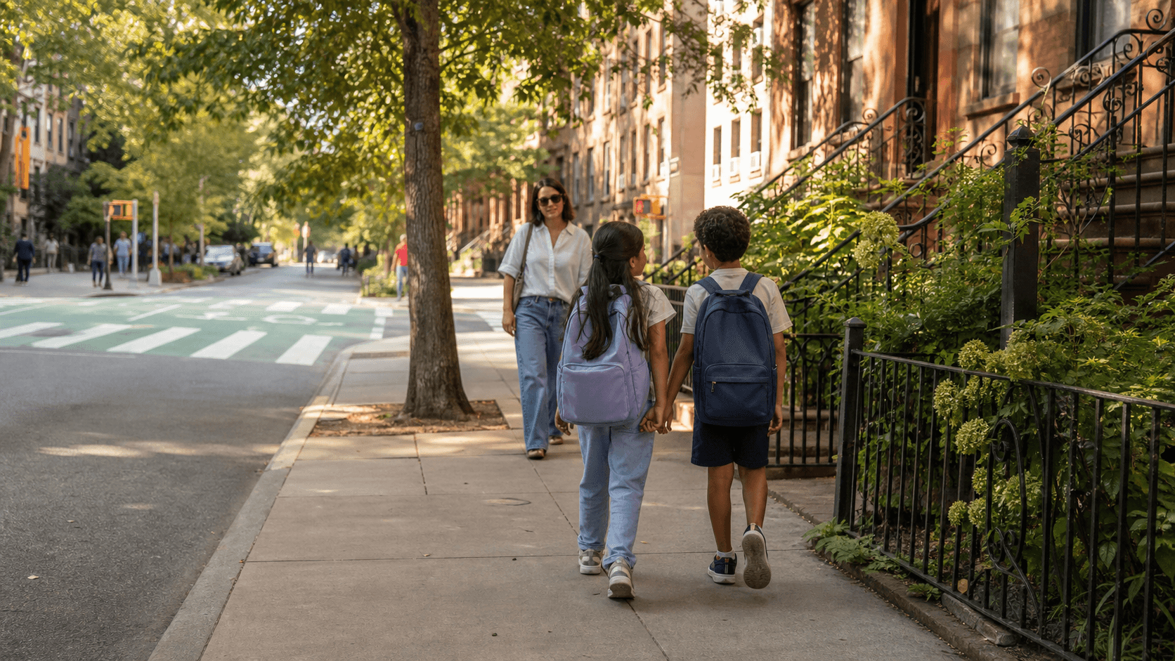 Two school-age children walking home together down a Brooklyn sidewalk with backpacks on, while an adult follows a few steps behind