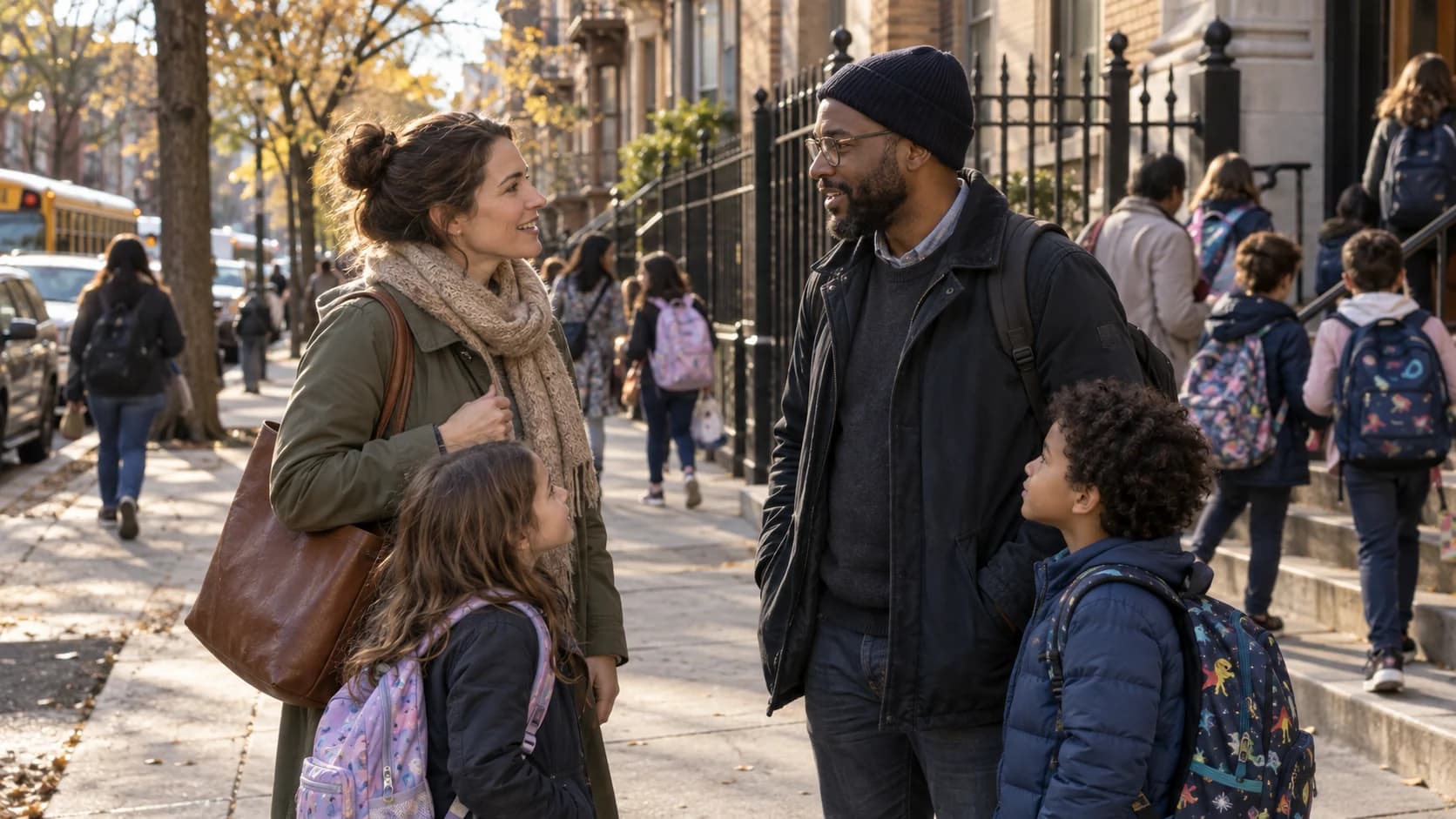 Two parents talking with their children outside a New York City school