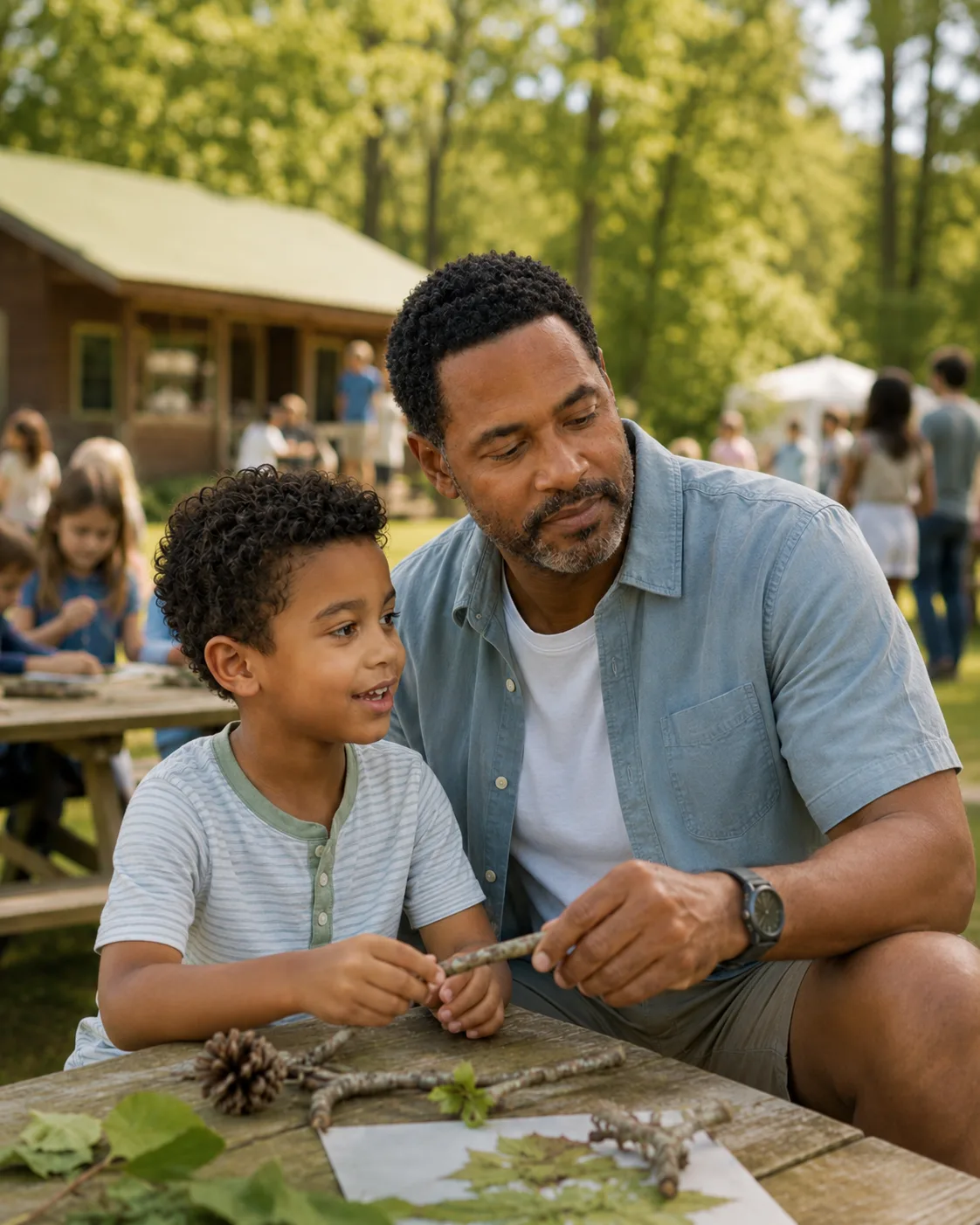 Father and son sitting together at day camp outdoors