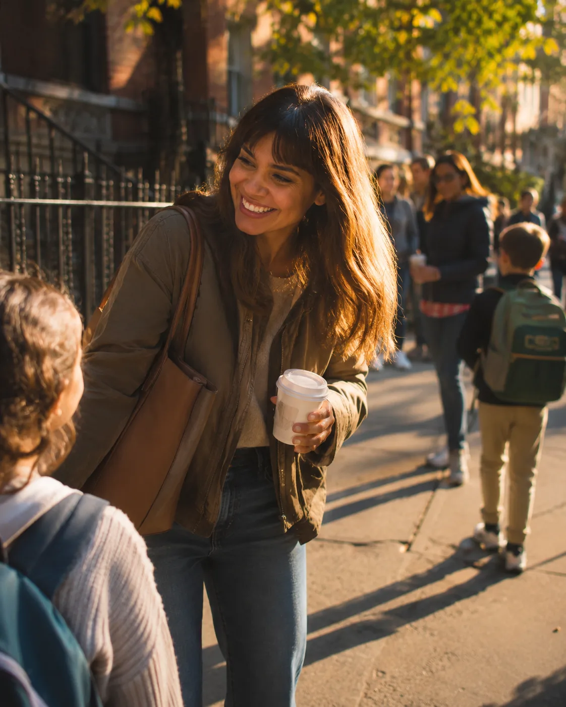 Mother smiling to a child during school dropoff on a city sidewalk