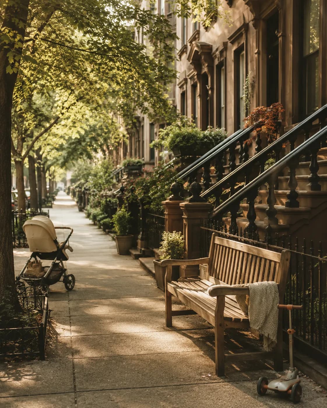 Quiet brownstone block with benches and a stroller on the sidewalk