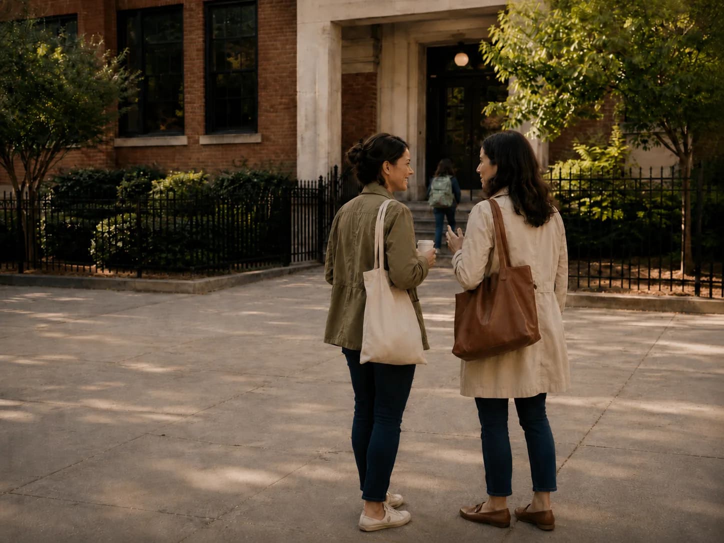 Two parents talking on a neighborhood sidewalk