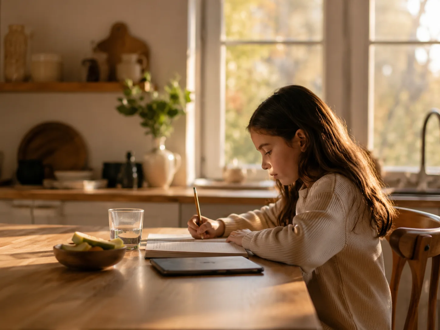 Child doing homework at a warm kitchen table