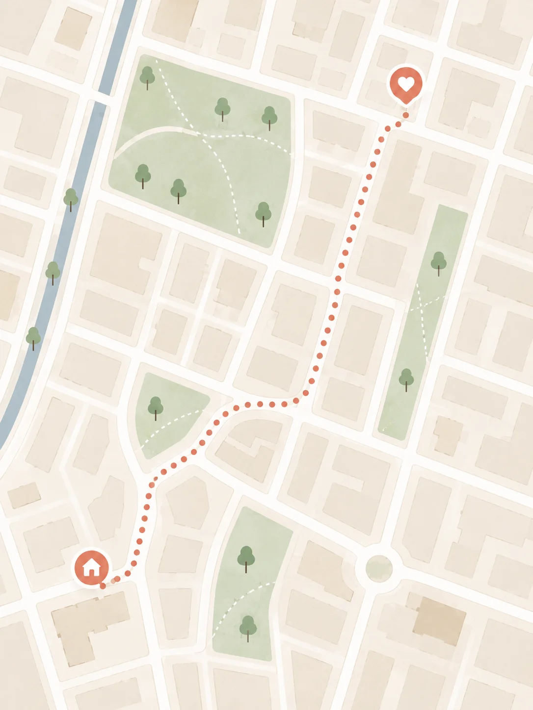 Illustrated map showing a short walk home path from school