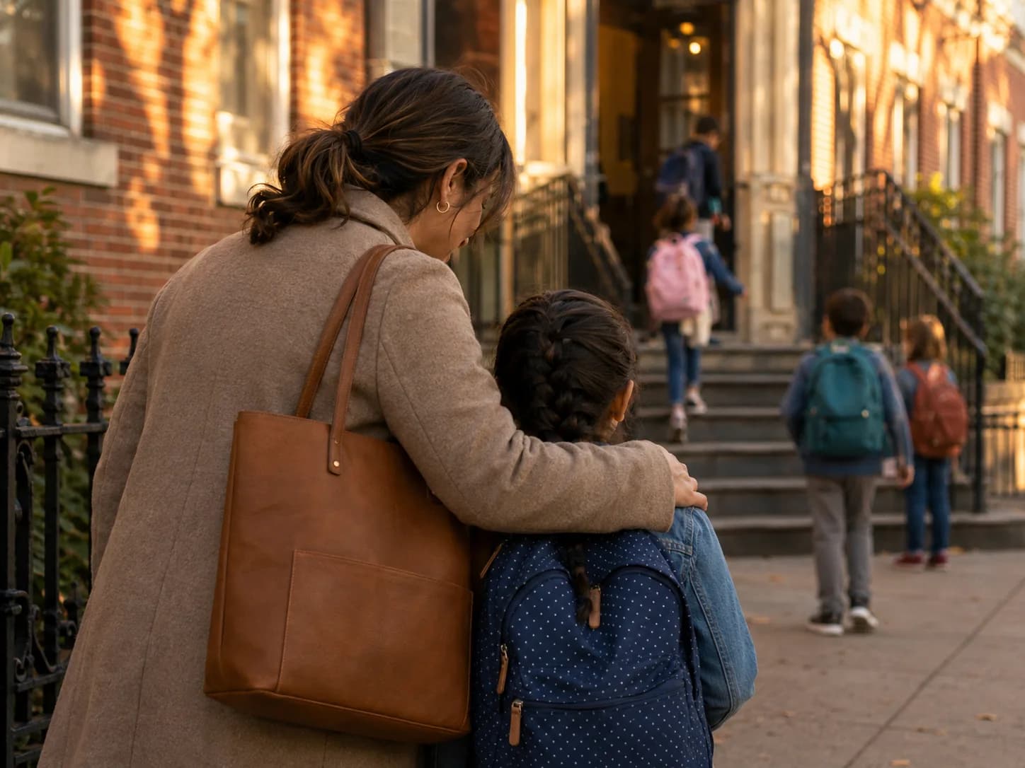 Parent walking a child with a backpack outside school pickup